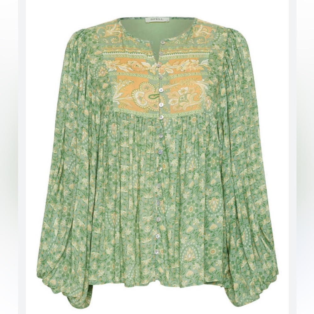 Spell & The Gypsy Collective Emerald Madame Peacock Floral Boho Blouse - Picture 2 of 8